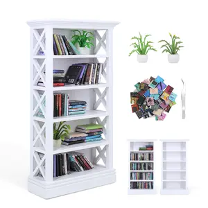 Modern Mini Wooden Bookshelf Set with Mini Books & Plants – Handcrafted 5-Tier Hollow 1:12 Aesthetic DIY Dollhouse Furniture, Stress Relief Desk Decor, Cozy Gift for Book Lovers