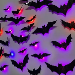3D Bat LED Light Design Decorative Wall Stickers, Set of 12 Pieces for Home Party Holiday Halloween Decoration, Easy Installation Smooth Application