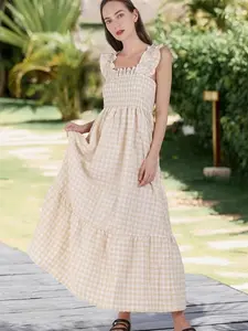 Smocked Gingham Print Midi Dress Fall Style 2026 Comfortable Dress for Women