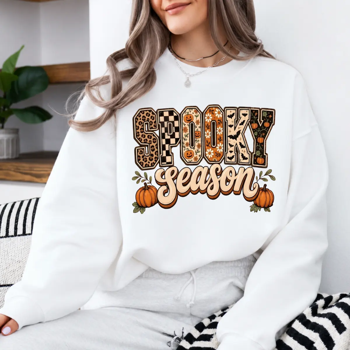 Spooky Season Halloween T-Shirt & Sweatshirt, Patchwork Leopard Checker Pumpkin Graphic Tee, Retro Fall Shirt, Cute Bat Floral Halloween Outfit, Trick or Treat Gift for Women - JACKSON HOAI STORE