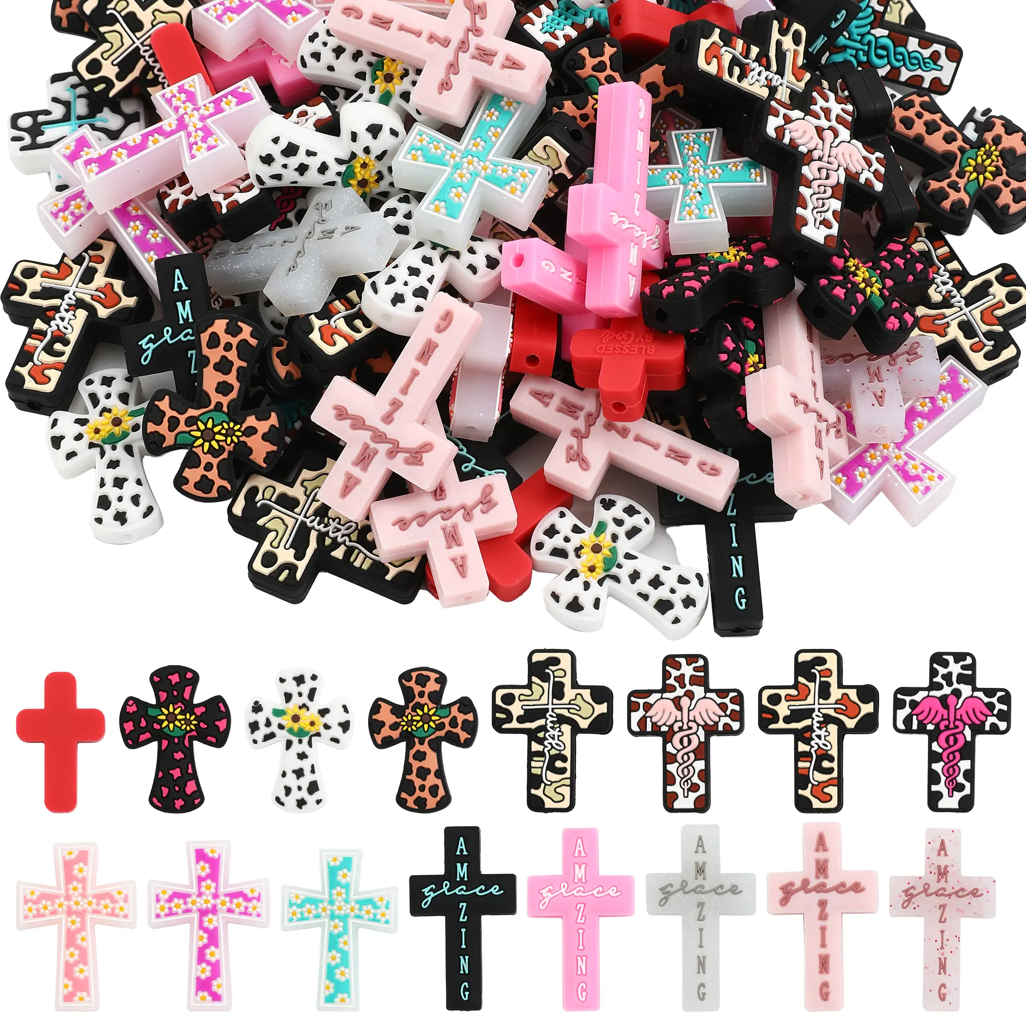 30 Pieces Classic Cross-Shaped Silicone Beads - Random Designs: Leopard Print, Floral, Polka Dot, Motivational Text, Religious Pattern, Durable, Smooth, Multi-Color DIY Beading Supplies for Keychains, Beaded Pens, Holiday Crafts