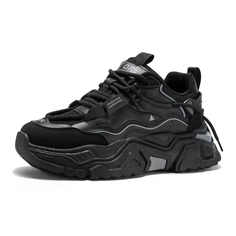 Men Black Grey Chunky Platform Dad Shoes Mesh Leather Mix Breathable Non Slip Street Fashion Casual Walking Sneakers