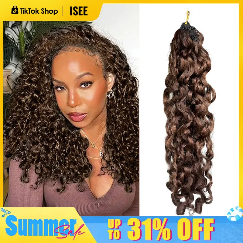 ISEE HAIR #4 Chocolate Brown Burmese Curly Crochet Human Hair Extensions -Boho Knotless Braids, Pre-Separated Miracle Knots, Plush Texture, 50g/Pack (32-38 Strands), Lightweight Time-Saving Summer Braids Summer Hairstyles #SummerWins #DealsForYouDays