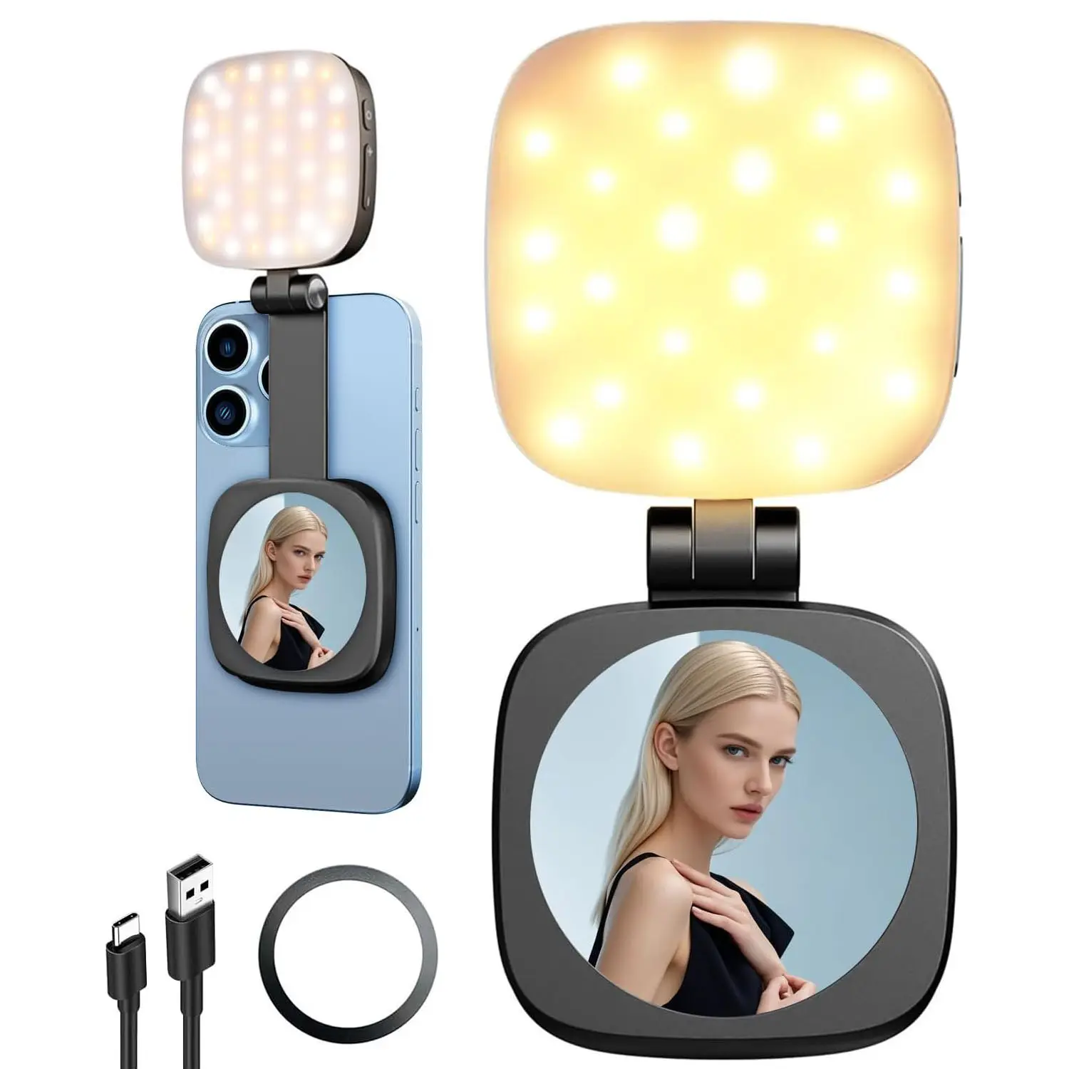 Magnetic Selfie Light for Phone with Mirror, Selfie Accessories, Retractable Foldable Pocket Size Portable Mini Ring Light for Phone, Dimmable Fill LED Phone Light for Video Recording/Live Streaming/Makeup/Vlog, Led Ringlight