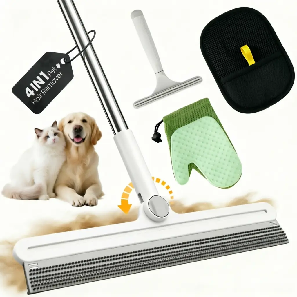 4PCS Carpet & Furniture Hair Removal Cleaning Kit, Reusable Lint Remover Set With Adjustable Silicone Broom, Magic Brush, Glove & Scraper For Carpets, Rugs, Sofa & Upholstery,Carpet Rake For Pet Hair Removal Tool,For Dog Cat Fur Remover