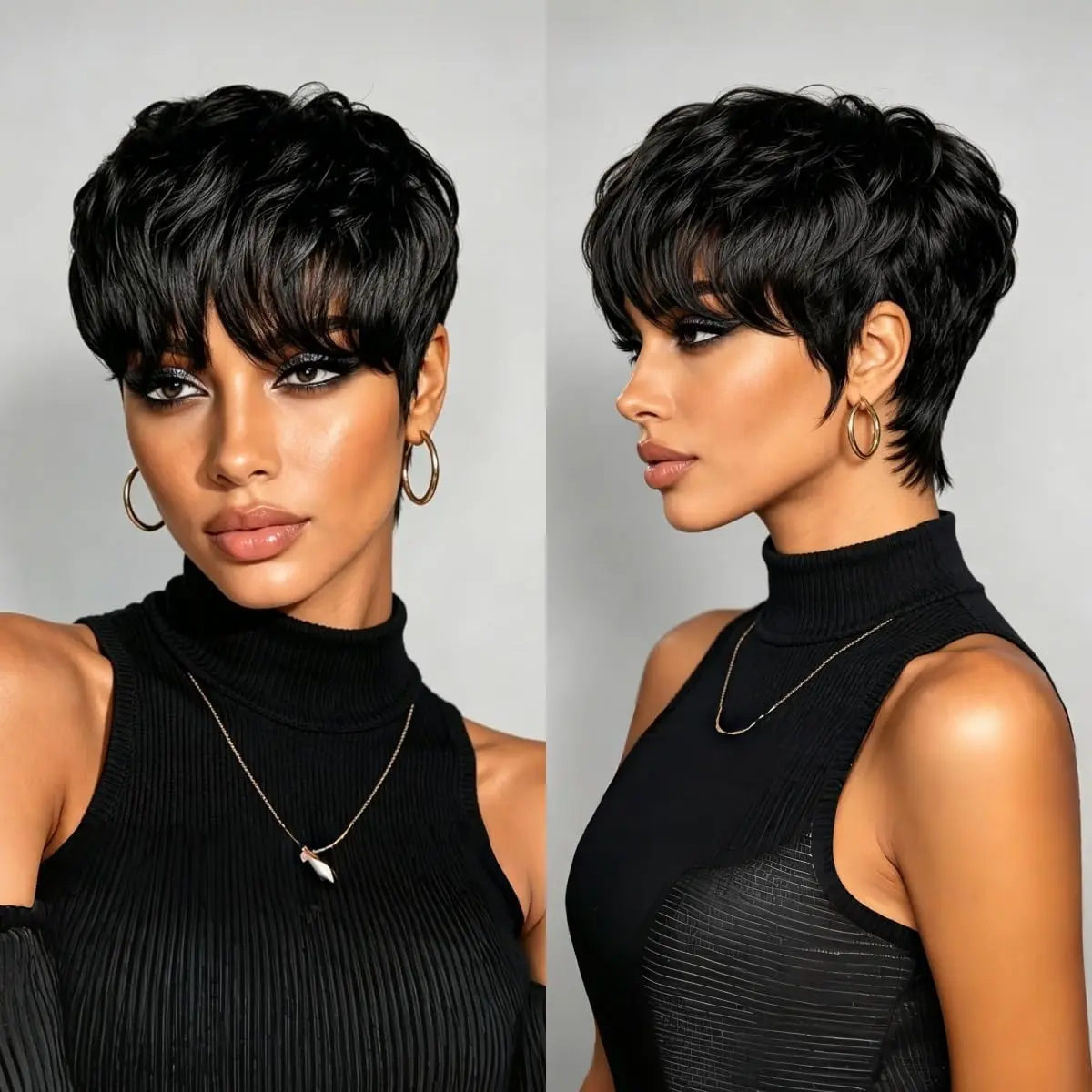 Short Human Hair Wig for Women Pixie Cut Wigs with Bangs Layered Style Glueless Full Machine Made Natural 1B, 4#, 99J Colors for Daily Use Brazilian Virgin Human Hair Wig (1b)