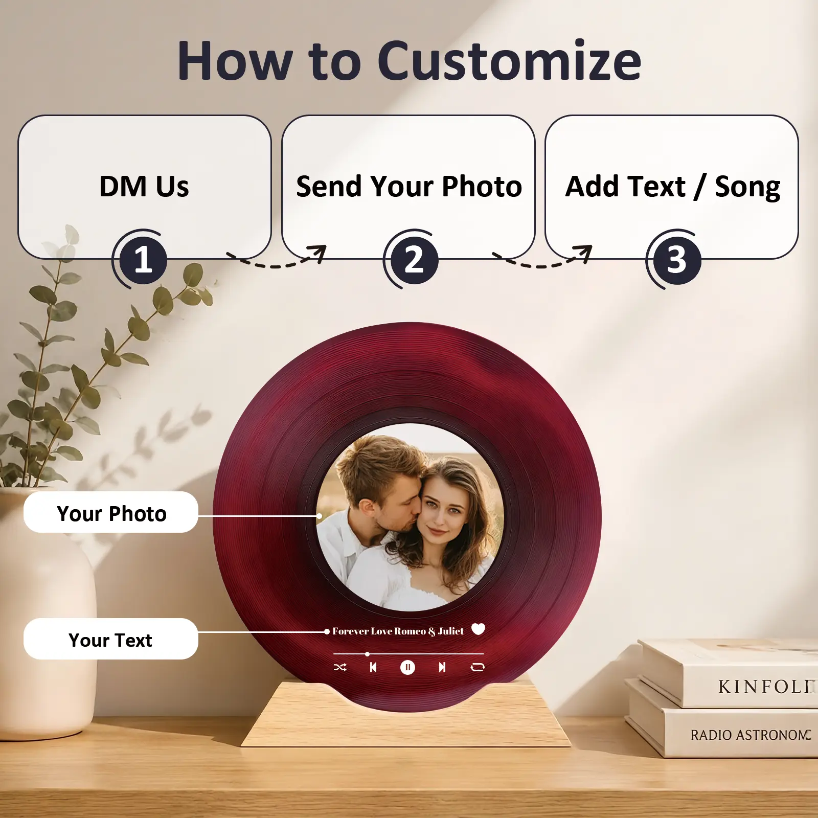 [HKZZ.Made] Personalized Spotify Vinyl Record Acrylic Plaque, 5.9/7.9/11.9in Curved Beech Stand, Multi Light Modes & Bluetooth Speaker Available, Custom LED Music Photo Frame, Romantic Gift for Couple, Valentine, Anniversary, Birthday & Graduation