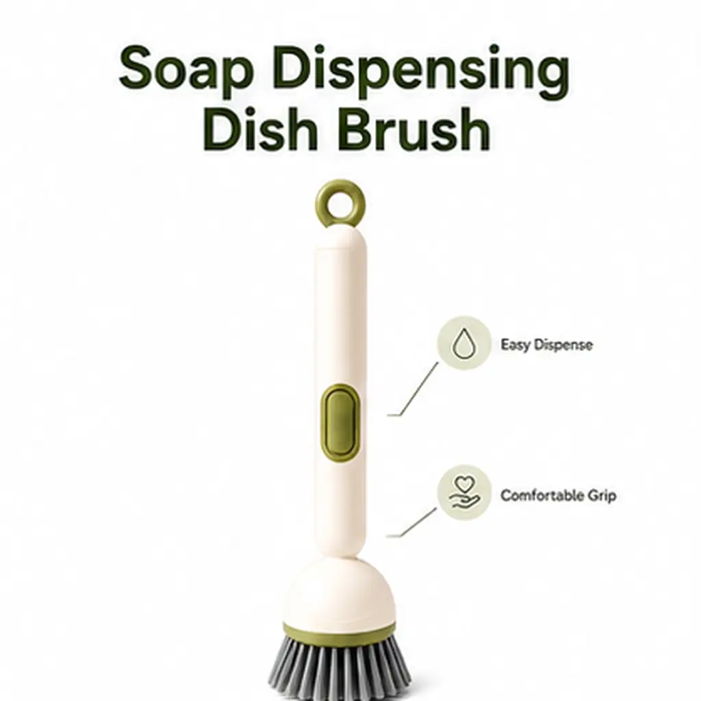 Long-Handle Kitchen Cleaning Brush with Soap Dispenser, Rotating Head Non-Scratch Scrubber for Pots, Pans, Sinks, Grease Clean