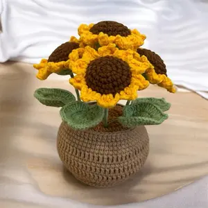 Crochet Sunflower Potted Plant, 1 Count Exquisite Handmade Knitting Potted Plant, Desktop Decoration for Home Living Room Bedroom Dining Room Office Dormitory, Artificial Potted Flower