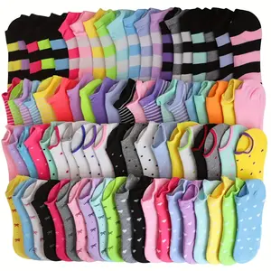 10/20 Women's candy-colored short socks - Soft, breathable, comfortable low-cut design, featuring fun patterns (heart shapes, stripes, dots) and vibrant colors (pink, green, yellow, blue, purple, rainbow gradient), cute socks.
