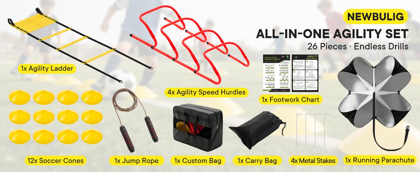 Agility Ladder Training Set with Speed Parachute, Hurdles, Cones, Jump Rope, Athletic Speed & Coordination Workouts Equipment, Athlete Training, Performance Training