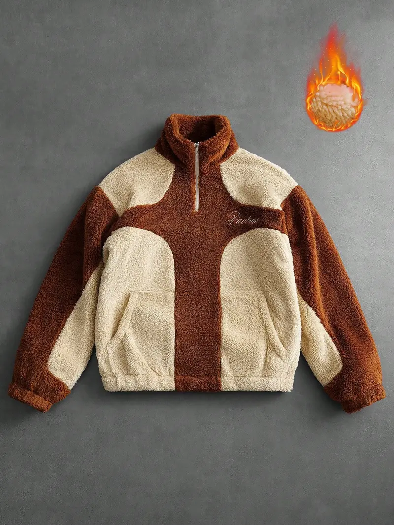 Men's Vintage Color Block Fleece Jacket, Half-Zip Stand Collar, Cozy Warmth for Casual Street Style, Perfect for Spring & Fall