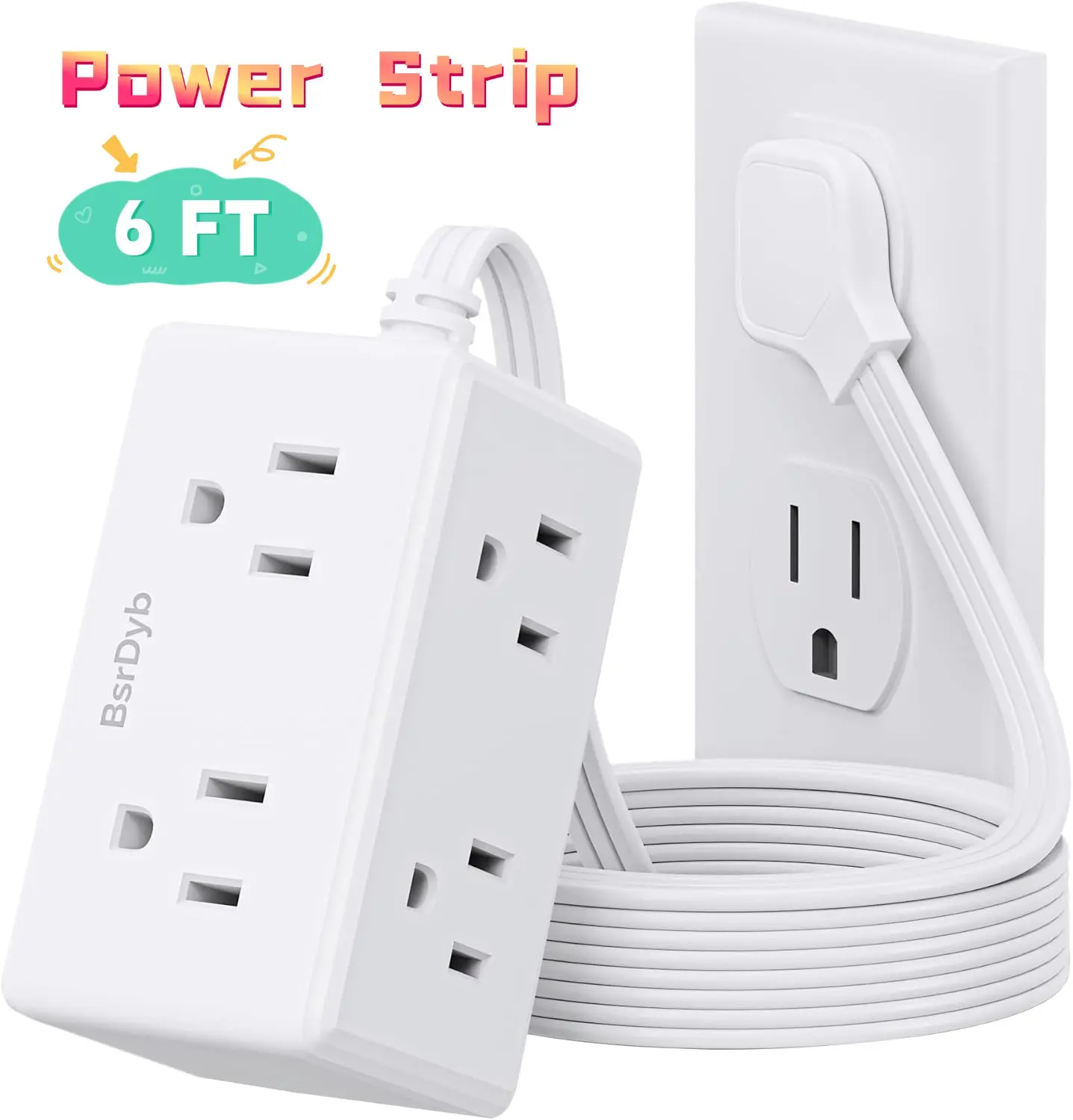 FastCharge Flat Plug Surge Protection Power Strip Socket Saver - Mountable Indoor Wall Socket Extender, 6 Outlets, 6 ft Braided Cord, Rated Power: 1250 W Max, Dormitory Home Charging Station