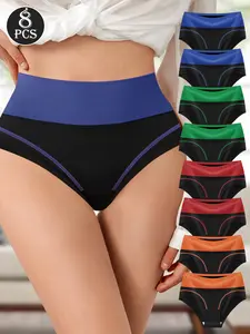 QUASTI 8PCS High Waist Triangle Underwear, Elegant & Fashionable Design, Meets The Needs Of Life, Soft Elastic Women's Breathable Underwear, High Elasticity Underwear, Basic Underwear, Back To School Girls