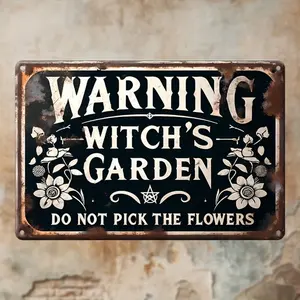 Vintage Tin "Witch's Garden" Warning Sign - 8x12 in Lightweight Gothic Wall Decoration, Hanging Print for Halloween, Garden Decor