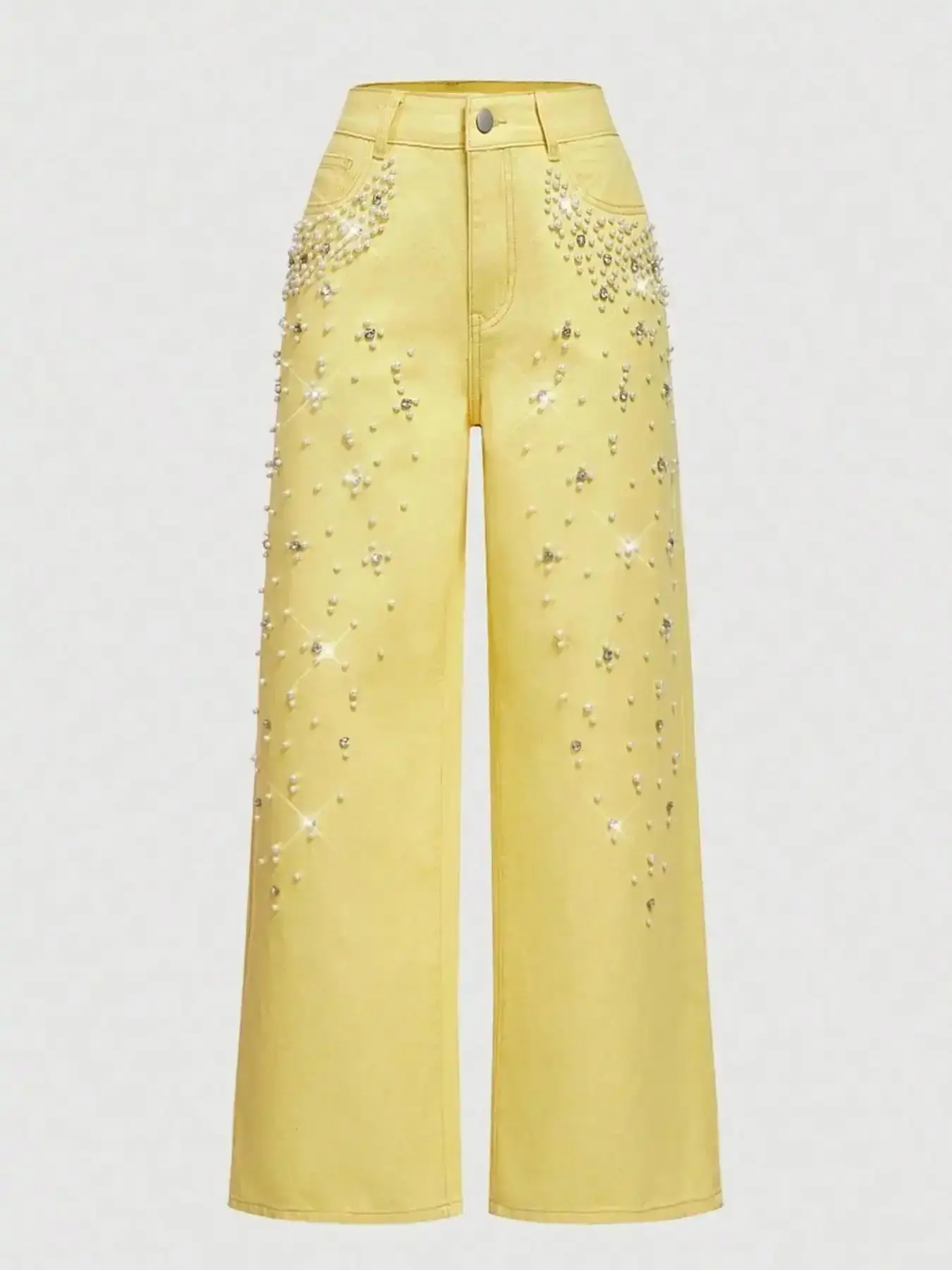 Women's Party Style Beaded Wide Leg Baggy Denim Jeans, High Waist Rhinestone Decor Loose Fit Long Pants, All Seasons Fashion Womenswear timeless modern athleisure everyday wear