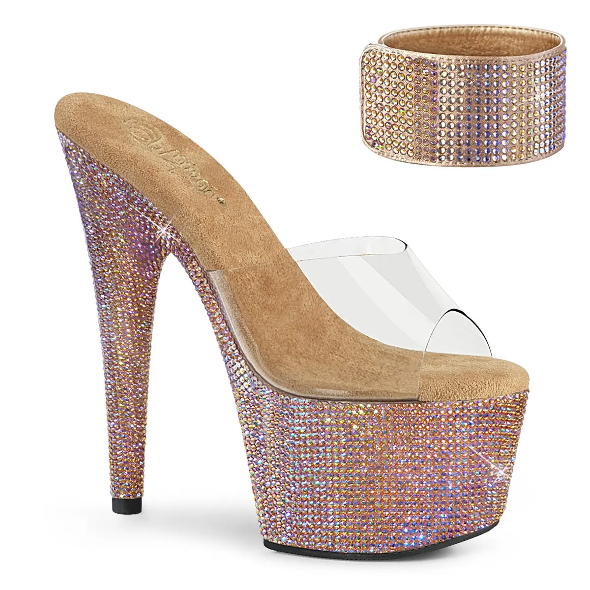 Women's Bejeweled Wedge Flatforms, Rose Gold Metallic Sandals with Rhinestones, 7-Inch High Heel Platform Footwear, Metallic Heel Wedges & Flatform, Shoe, High Heels