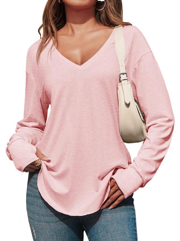 Renaishow Womens Deep V Neck Tunic Tops Long Sleeve Oversized Casual Loose Fit Curved Hem T Shirts with Thumb Holes Blouses Light Breathable Solid