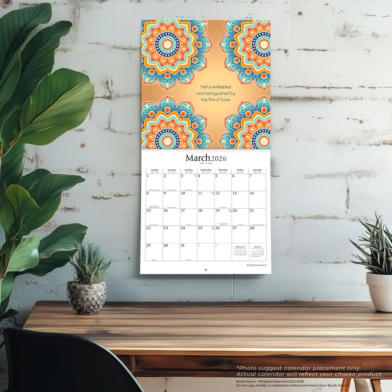 Enlightened Rumi | 2026 12 x 24 Inch (Hanging) Monthly Square Wall Calendar | Plastic-Free | Brush Dance | Traditional Art Poetry 4