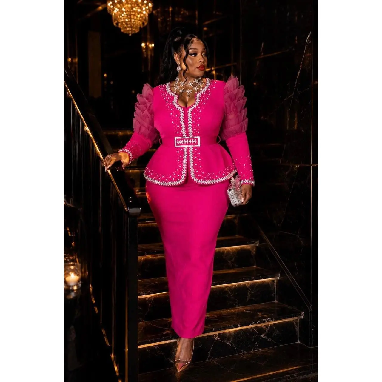 Pink Ruffle Sleeve Rhinestone Embellished 2-Piece Suit Skirt Set, Wedding Guest Mother of The Bride