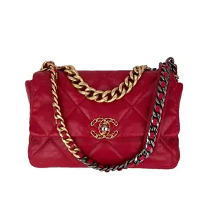 Pre-owned CHANEL Goatskin Shoulder Bags 19 Large Quilted Silver and Gold Red Flap Bag