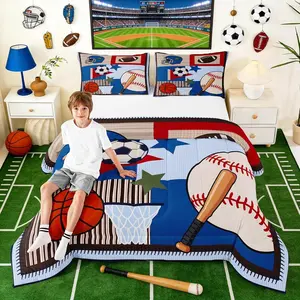 Blue Plaid Balls Boys Comforter Set,Cartoon Baseball Basketball Bedding Set,Kids Teens Room Decor,Geometric Patchwork Grid Quilt Setsports Gaming