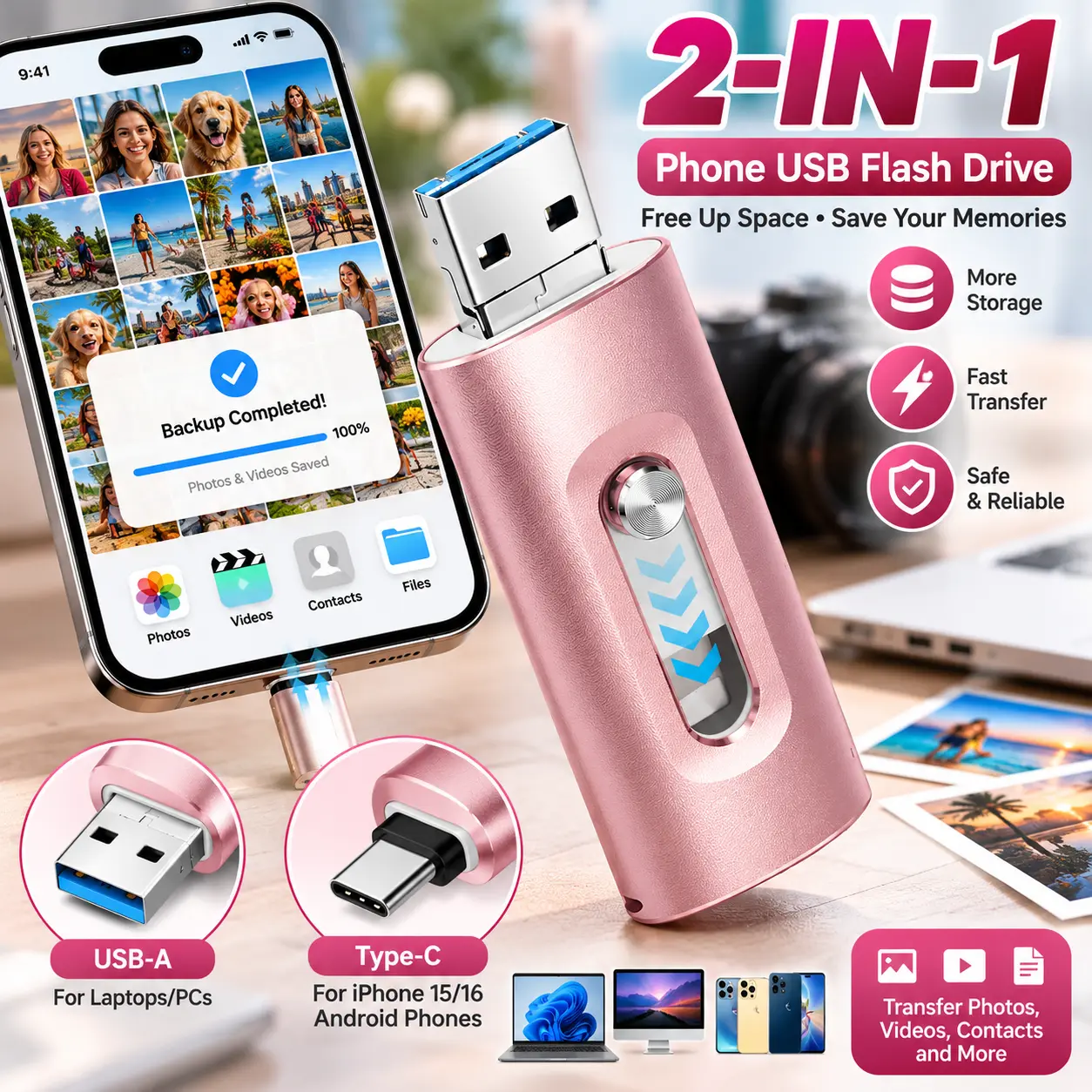 4-in-1 MFi Certified Phone Flash Drive, 64GB/128GB/256GB OTG USB Storage for iPhone and Android, Portable File Transfer Memory Stick
