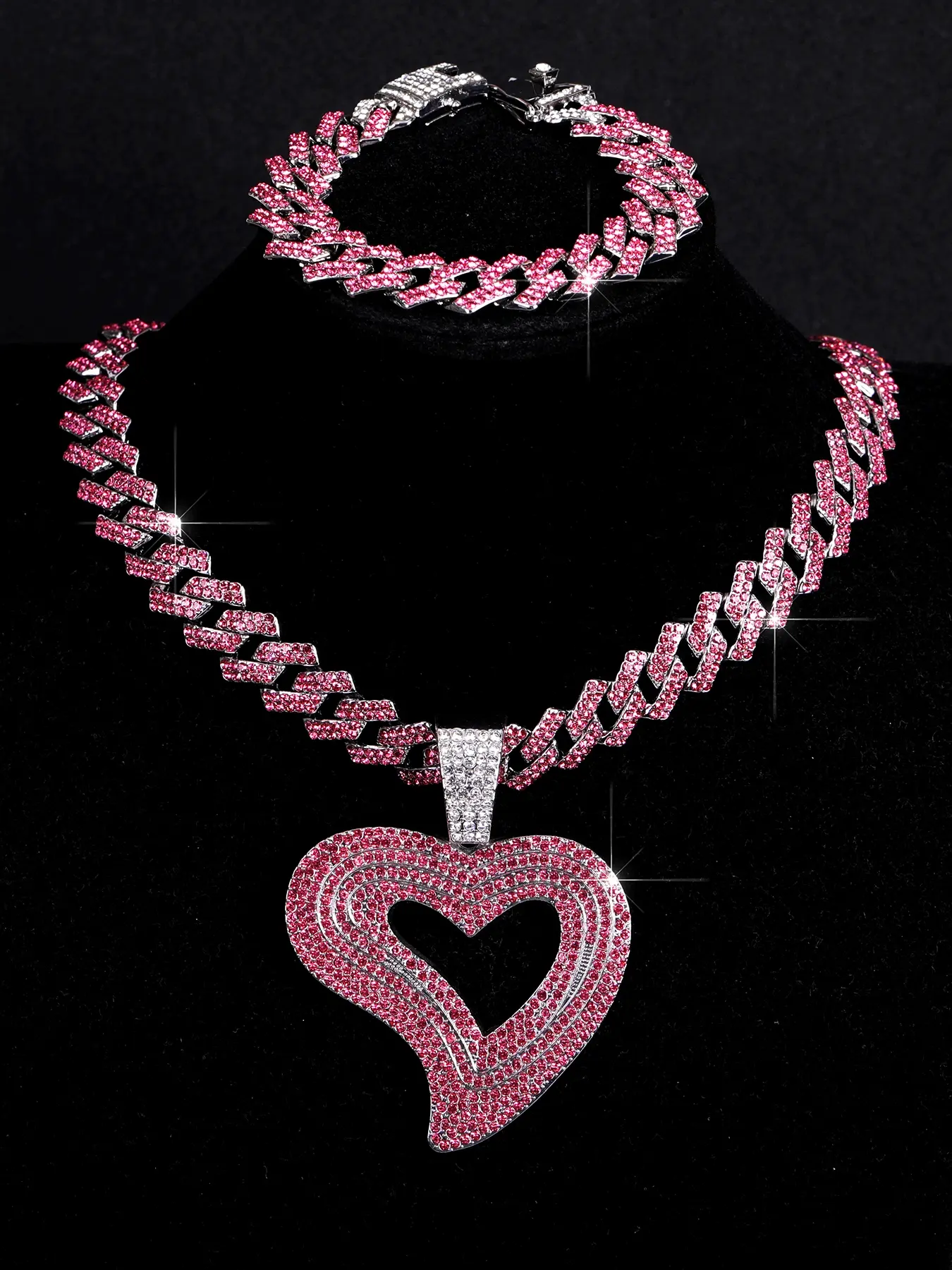 3pcs Hip-Hop Blue & Hollow Heart Pendant Necklace Bracelet Glamour Matching Trendy Jewelry Set, Sparkling Blingbling Cuban Chain Jewelry for Men Women Necklace And Bracelet Set