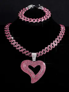 3pcs Hip-Hop Blue & Hollow Heart Pendant Necklace Bracelet Glamour Matching Jewelry Set, Sparkling Blingbling Cuban Chain Jewelry for Men Women