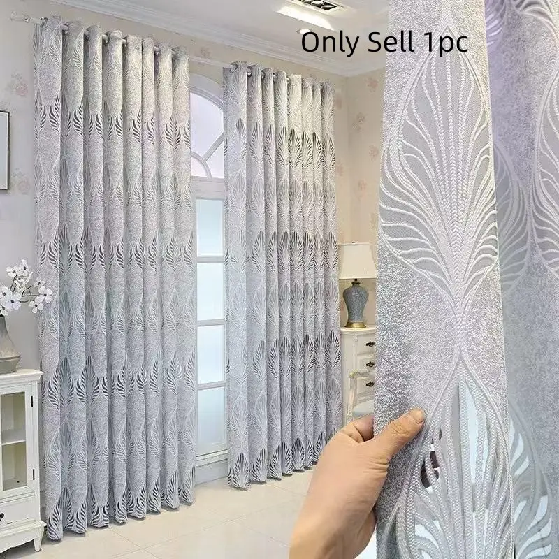 1pc Elegant Hollow Leaf Jacquard Semi-Transparent Curtain, Perfect for Living Room & Bedroom, Balcony Decor Ideal Choice, Single Piece, Home Decoration Curtain, Window Drapes
