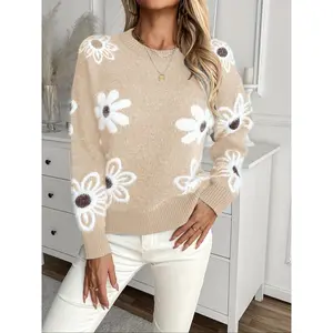 Chunky Cable Knit Sweater, Autumn Winter New Pullover Long Sleeve Knit Sweater, Floral Jacquard Design for Comfortable and Stylish Casual Wear, Weekend, Easy, Going Out, On Trend, Versatile, Travel Outfit, Must Have