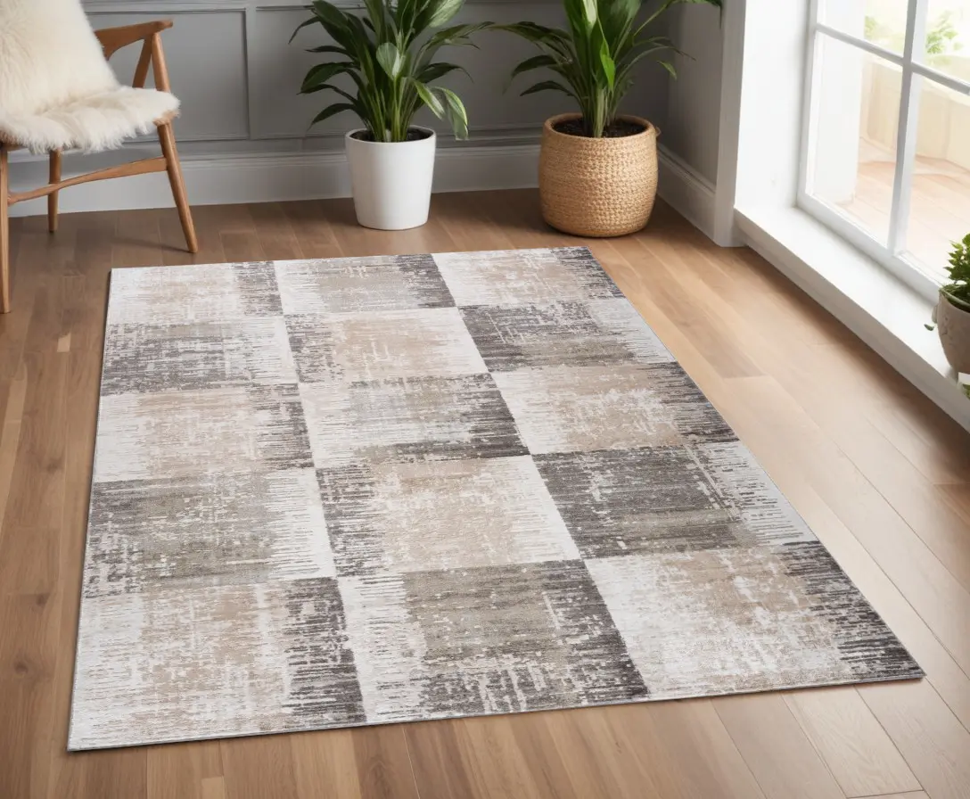 212 MAIN 4x6 ft. Abstract Distressed Rectangle Area Rug, Beige & Brown Machine-Woven Polyester Fiber, Stain-Proof Indoor Living Room Decor with Modern Vibe, Living Room Rug, Abstract Area Rugs