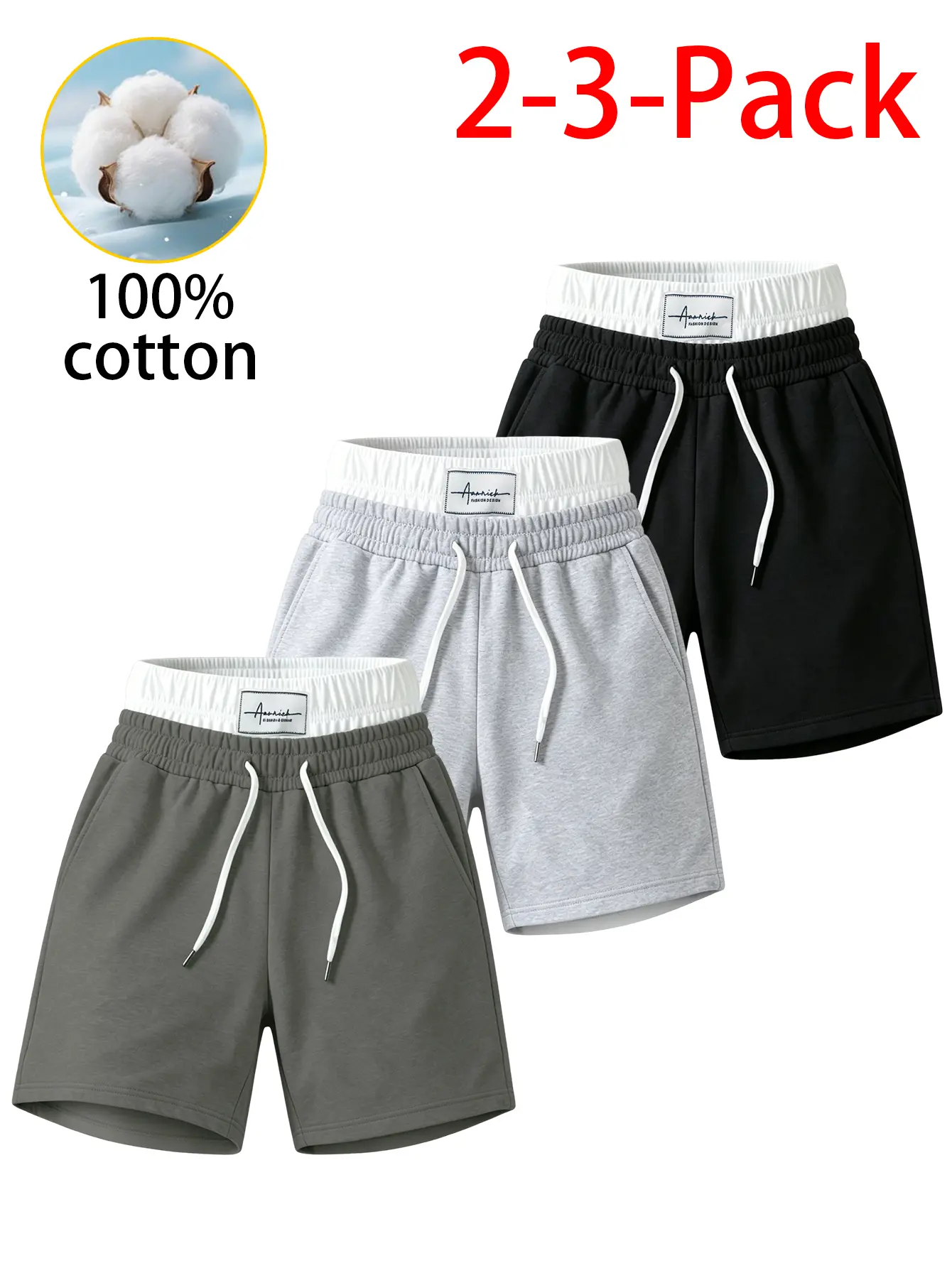 Men 2 Pack 3 Pack 100 Percent Cotton Sweat Shorts Faux Two Piece Contrast Double Waistband Drawstring Elastic Waist Loose Fit Athletic Gym Lounge Shorts with Side Pockets Summer Streetwear Daily Wear Above Knee Casual Workout Training Essentials New Style