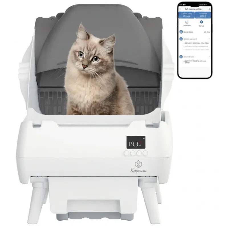 Kayoura Wireless Automatic Cat Litter Box Self Cleaning - App Control Smart Health Monitor, Open-Design Self-Cleaning Litter Box for Kittens & Medium Cats, Anti-Pinch Safety, Quiet Operation, White electronic sifting tray odor control kitty robot petkit a