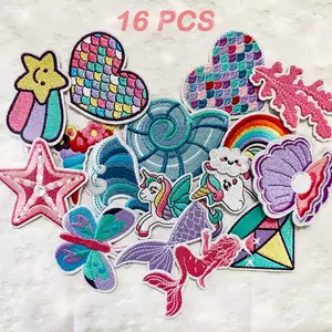 16PCS Beautiful Mermaid Themed Embroidered Patches Iron on Patches Funny Seashell Appliques for DIY on clothes hats patch iron