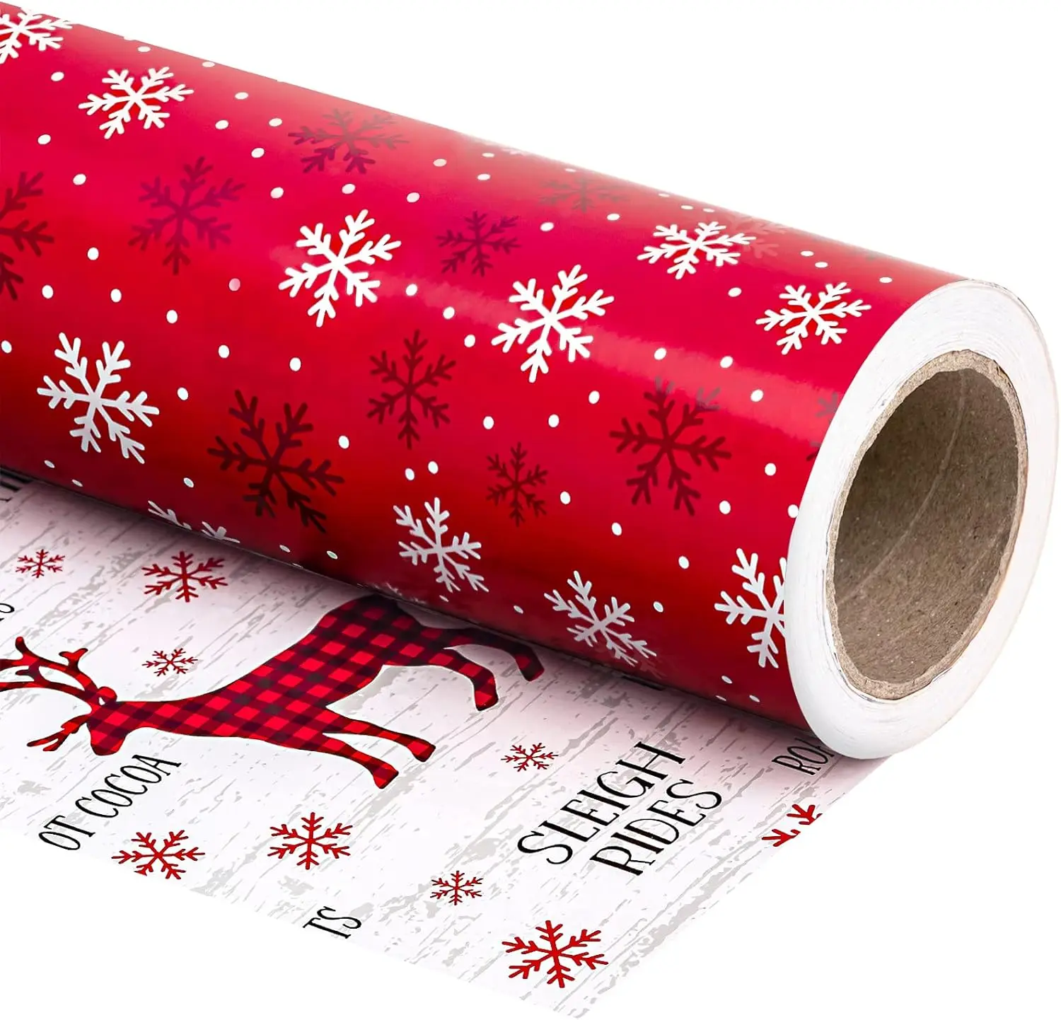Reversible Mini Wrapping Paper Roll (17in x 33ft), Red & White Reindeer Snowflake Design, Premium Durable Gift Wrap with 3 Ribbons for Holiday Presents, Christmas Decorations, Children, Snowflakes, 17 Inches X 33 Feet