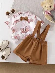 Boys' suit set, cute and playful teddy bear gentleman style outfit, boys' teddy bear printed shirt+suspender shorts two-piece set, exquisite tie+elastic suspender+rolled hem pants, Valentine's Day gift, suitable for hundred day banquets