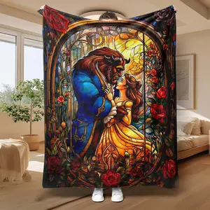 Beauty & Beast Pattern Blanket, Classic Themed Pattern Lightweight Throw Blanket, Soft Warm Napping Blanket for Home Office Travel Camping, Flannel Cozy Blanket