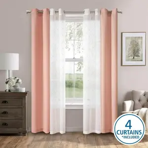 Grommet Curtain Set, Blush Pink and White, Embroidered Sheer and Twill Weave, 27.5 x 84 in, 4 Panels, Machine Washable