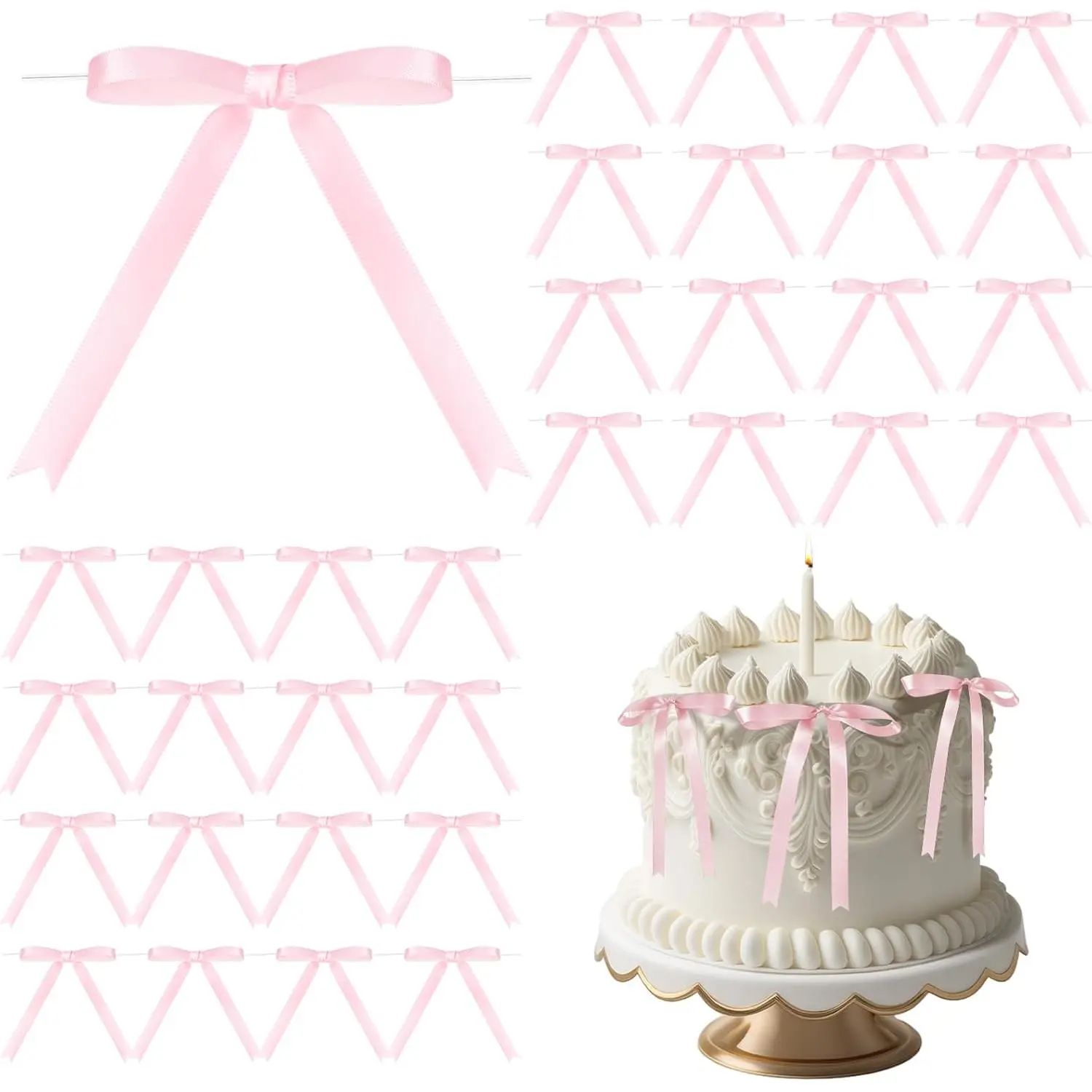 50 count Twist Tie Bows for Cake 3x4.5 Inch Satin Ribbon Bows for  Wrapping  Bags Craft DIY Wedding  Shower Birthday Party(Pink)