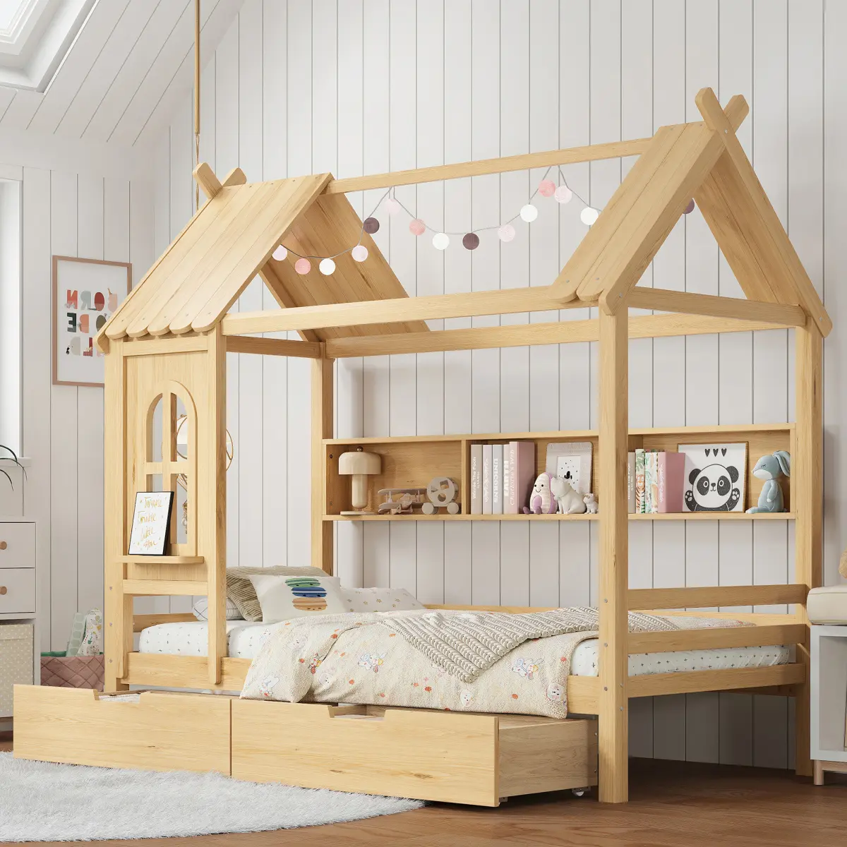[Bellemave]Twin/Full house Beds with Storage Drawers and Window, Solid Wood House Platform Bed Frame with shelves, for Kids, Girls, Boys, No Spring Box Needed and Childlike Design, Natural