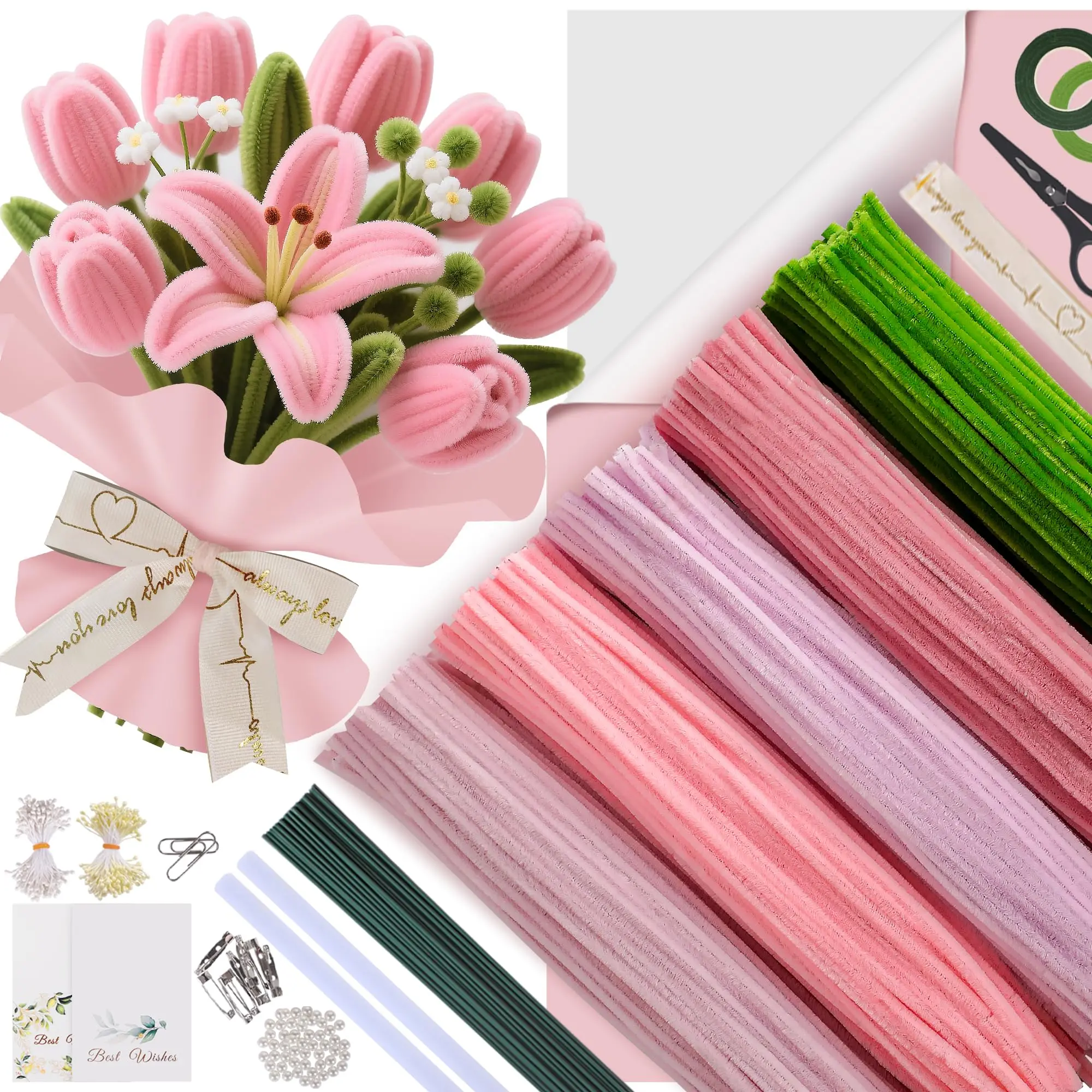 Vibrant 500-Piece Fade-Resistant DIY Artificial Rose Decorative Flower Kit with Chenille Stems, Pipe Cleaners, Craft Wire, Stamen, Tape, Ribbon, Embellishments – Ideal for Floral Arrangements, Handcrafted Father’s Day Gifts, Home Decor