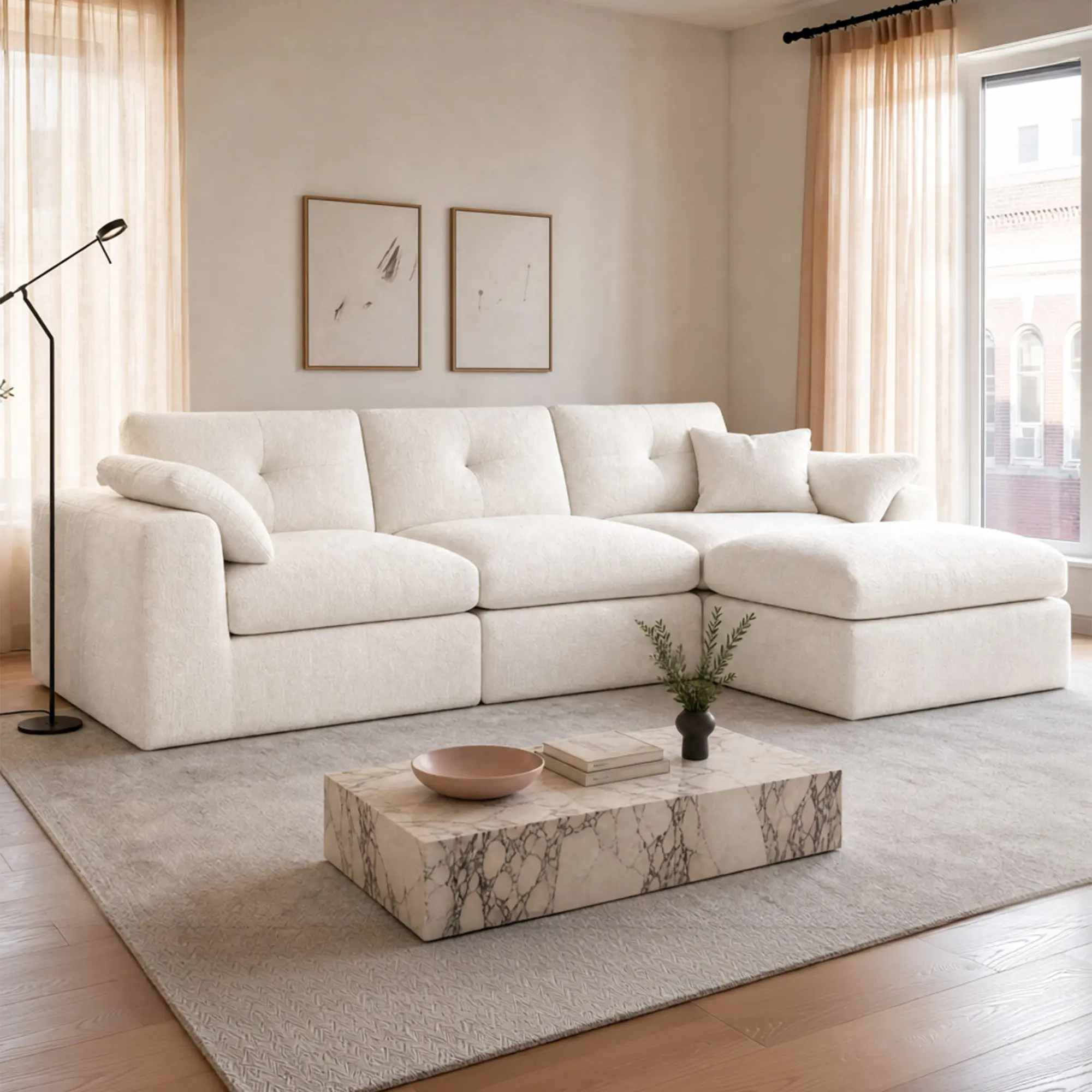 [1 or 2 Package Shipping] Chenille Loveseat, 3 Seater 111.4" Boneless Couch with Spring L-Shaped Oversize Cloud Sofa Couch with Deep Seat & 5 Pillows, Comfy Modular Sectional Sofa for Living Room, No Assembly Required, 48-Hour Full Expansion, Black, White