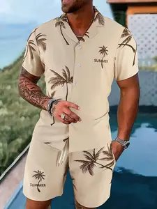 Men's Summer Tropical Beach Vacation Casual Two-Piece Outfit Print Set, Lightweight Breathable Fabric, Short Sleeve Blouse and Shorts, Perfect for Holiday & Daily Wear