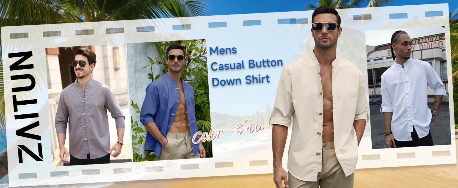 Zaitun Men's Linen Shirt Casual Buttons Down Roll-Up Sleeve Shirt Summer Zen Style T-shirts Kongfu Shirt Karate Shirt