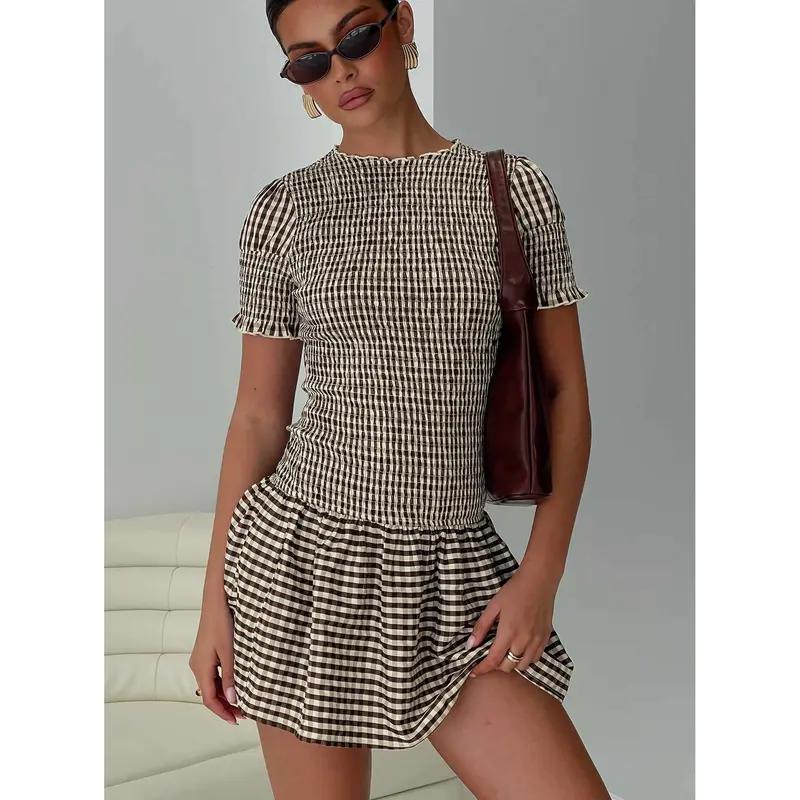 Mini brown check dress - TikTok Shop