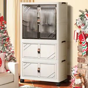 Folding Wardrobe, Large Plastic Closet Storage, Portable Wardrobe with Hanging Rod and Wheels, Closet Hanging Organizer Clothes Cabinet for Living Room, Bedroom, Bathroom