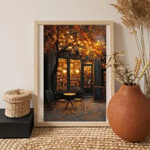 Autumn Coffee Shop Poster – Moody Bookstore Wall Art Print, Cozy Cafe Fall Decor, Thanksgiving Aesthetic, Room Decor, Unframed | 5 Size, 8x12 to 27x40 inch