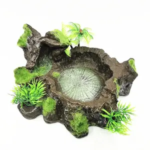 Fish Aquarium Resin Decor & Reptile Feeding Bowl | Natural - Looking Mossy Pet Water Basin, Flocking Feeding Dish for Turtles, Lizards, Ideal for Terrarium & Aquarium Setup