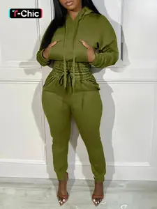 Women's Solid Color Hooded Casual Top with Elastic Waist, Long Pants 2 Piece Set Outfit for Fall & Winter, Comfortable Fitted Lounge Wear